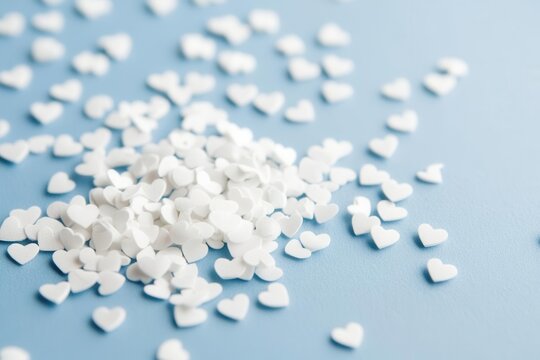 delicate white heart confetti scattered across a soft powder blue background, creating a romantic minimalist composition with gentle shadows and subtle texture for valentine's day designs
