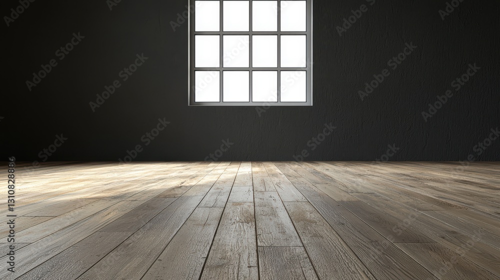 Poster minimalist empty room with wooden floor and large window casting light on dark walls.