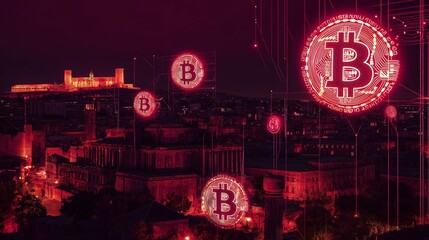 Glowing Bitcoin Logos Above City Skyline at Night