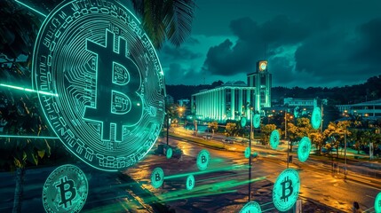 Blending Bitcoin Symbols into a Night Sky Over Cityscape Scene