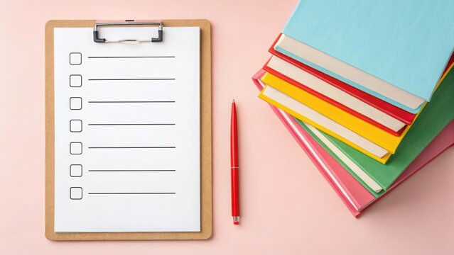 virtual classroom education with accessibility Concept Clipboard with a blank form and colorful notebooks beside it.