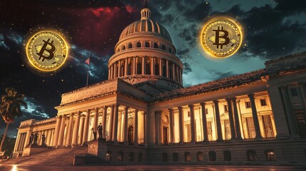 Bitcoin Holograms Orbiting National Landmark with Night Sky Background