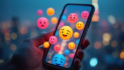 Smartphone displaying colorful emoji over city nightscape. Digital interface shows social media reactions, user engagement, emotional feedback. Virtual communication with modern mobile tech, urban
