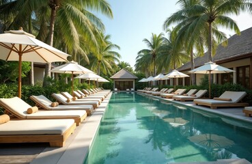 Fototapeta premium Swimming pool with sun loungers, umbrellas in tropical spa resort. Row of lounge chairs for rest near water. Summer vacation at beach hotel with palm trees. Relaxation place at tour. Palm shadows.