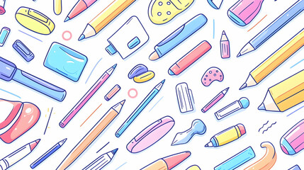 Colorful Stationery Items Background with Office Supplies and Tools