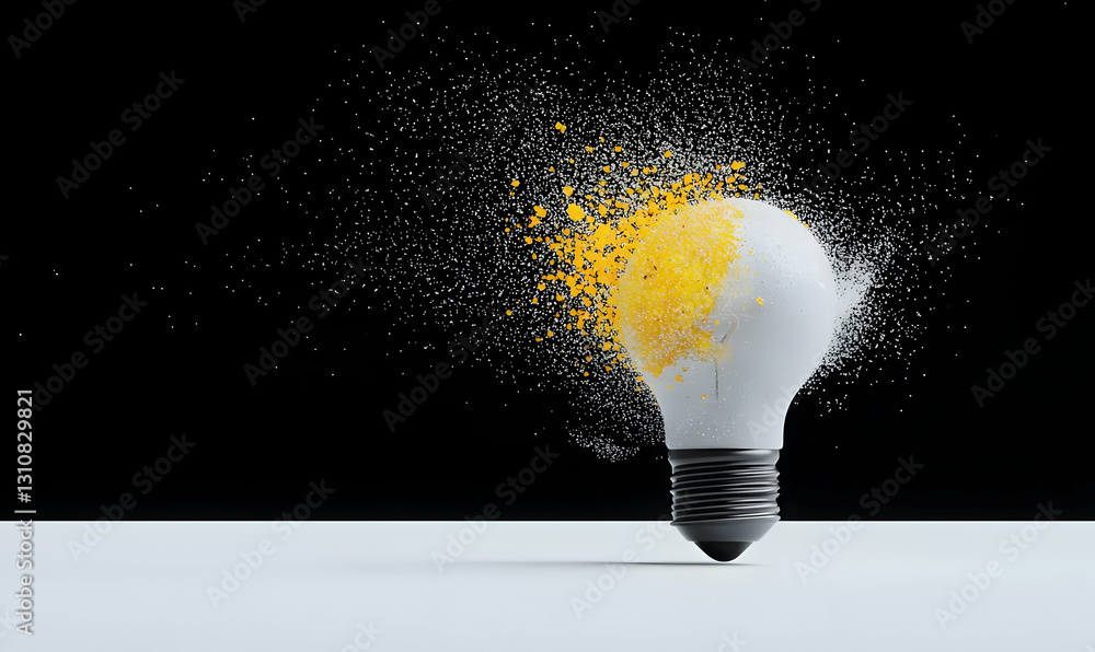 Poster abstract art of exploding light bulb with yellow splashes on black