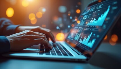 Close-up of hands typing on laptop with data analysis interface. Blue digital graphs, charts on screen. High-tech business concept data driven development, computing, modern virtual environment.