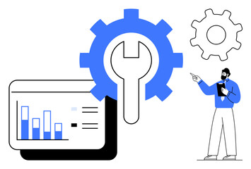 Large gear and wrench next to bar chart, analytics dashboard on tablet, man discussing insights. Ideal for business tools, strategy, problem-solving, maintenance, mechanics, tech support teamwork