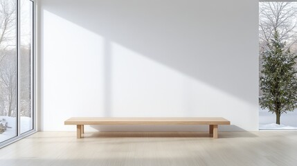 Minimalist interior with wooden bench, large window, and natural light reflecting on a white wall for a serene atmosphere.