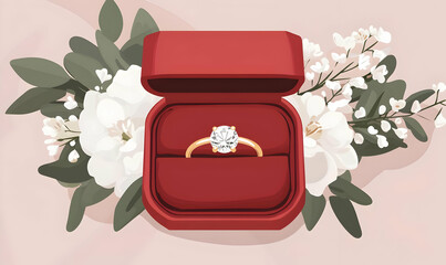 Elegant Diamond Ring in Red Velvet Box Surrounded by White Flowers