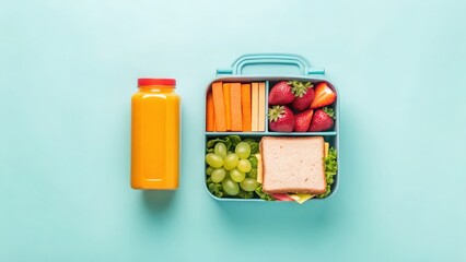 virtual classroom education with accessibility Concept Colorful lunchbox with sandwich, fruits, and juice on a light background.