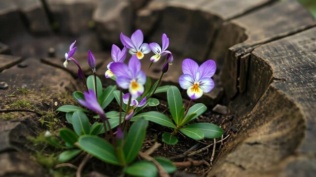  Group of Purple Flowers Growing in a Cracked Log