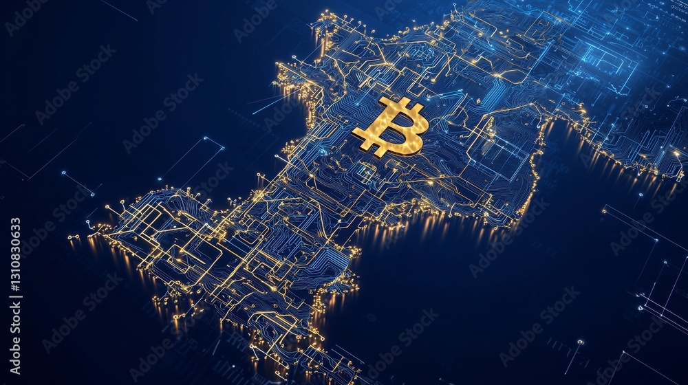 Poster bitcoin circuit pattern forming in digital landscape visualization