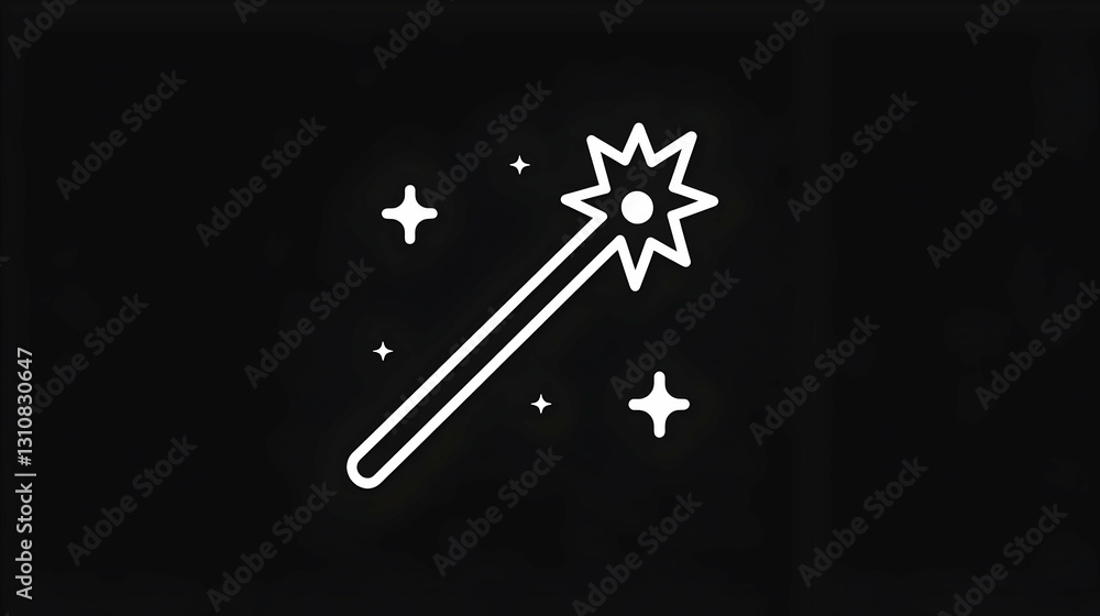 Poster magic wand icon with sparkles on dark background for graphics