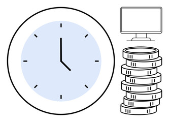 Clock with blue face, coin stack, and computer screen indicating time value, productivity, or work efficiency. Ideal for finance, time management, work balance, technology investment digital