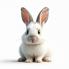 Adorable fluffy white rabbit sits isolated on transparent background. Cute pet with fur, whiskers, paws. Mammal wildlife animal. Easter bunny. Domestic rodent, studio shot of young hare, baby rabbit.