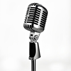 Fototapeta premium Retro style microphone on transparent background. Vintage broadcast mic for audio recording, sound, music, radio, voice performance. Silver chrome metal hardware isolated on stage, concert equipment.