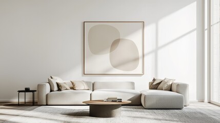 Minimalist living room with modern decor and a large abstract painting. Sunlit and stylish interior design.