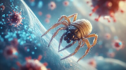 A 3D render illustration of a close-up of an intricate brown deer mite on a human hair, surrounded by small blue and red bacteria floating in the background.