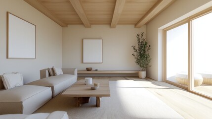 Fototapeta premium Minimalist living room with natural light, wooden furniture, and elegant decor for a peaceful ambiance.