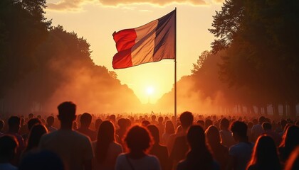 French flag flying at sunset, Bastille Day celebration. Crowd watches fireworks on July 14, French Independence Day, revolution remembrance. National patriotic background, traditional red white, blue
