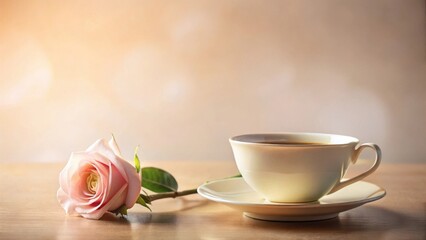 Fototapeta premium A delicate pink rose rests beside a cup of warm beverage on a wooden surface, bathed in soft, gentle light.