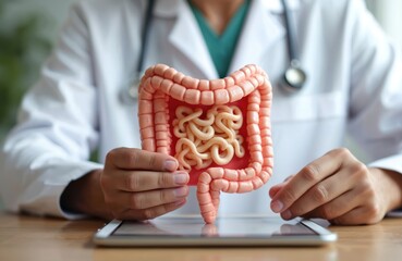 Doctor holds human colon anatomy model in hands, shows on tablet. Colonic disease, large intestine, colorectal cancer, ulcerative colitis, diverticulitis, irritable bowel syndrome, digestive system