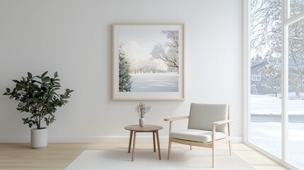 Minimalist living room with wooden chair, small table, large window, and framed winter landscape painting on white wall.