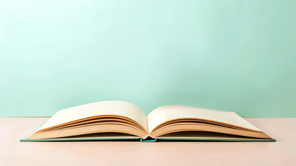 Obraz premium virtual classroom education with accessibility Concept Open book on a mint green background, showcasing its pages.