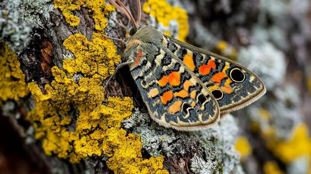 Colorful moth resting on lichen-covered tree bark in a forested area during daytime light