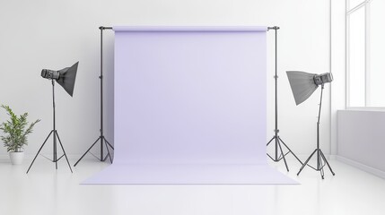 Minimalist photo studio setup with soft lighting equipment and a light purple backdrop for professional photography.