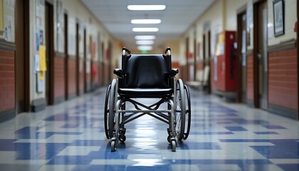 Empty wheelchair in school hallway.