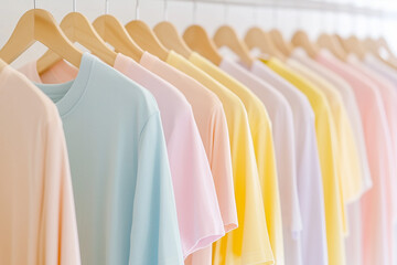 Obraz premium Trendy pastel t-shirts hanging in a boutique clothing display modern retail environment captivating viewpoint