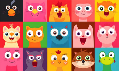 Colorful Cartoon Animal Faces Background for Fun and Whimsy