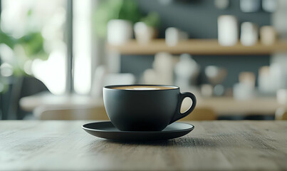 Black Coffee Cup on Wooden Table in Modern Cafe Setting