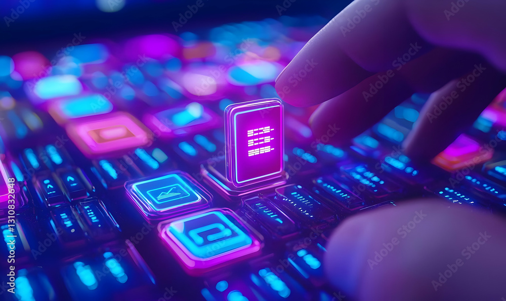 Poster interactive keyboard with neon lights and touching finger design