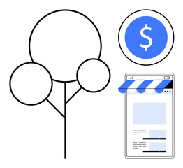 Tree representing growth, blue money icon, and online storefront window. Ideal for sustainability, business growth, e-commerce, finance, online shopping investment digital trade. Flat simple