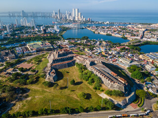 Aerial View of Castle of San Felipe with Cartagena Cityscape and Coastal Landscape, Colombia