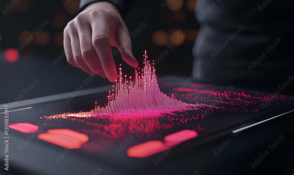 Poster hand interacting with digital waveform visualization on screen