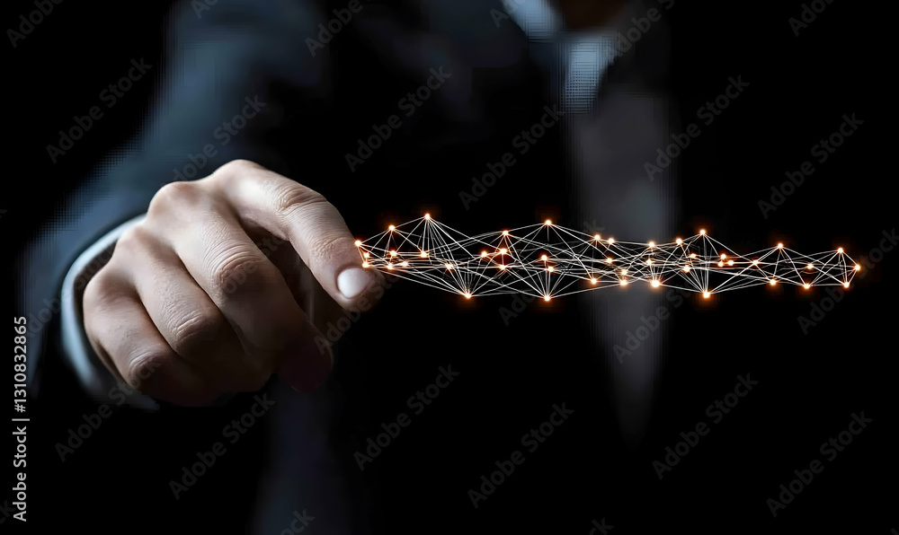 Poster hand reaching out with connected network points representation