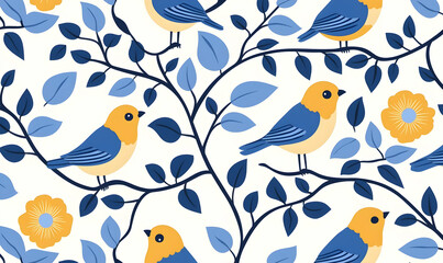 Fototapeta premium Colorful Birds and Floral Patterns on a Light Background Design