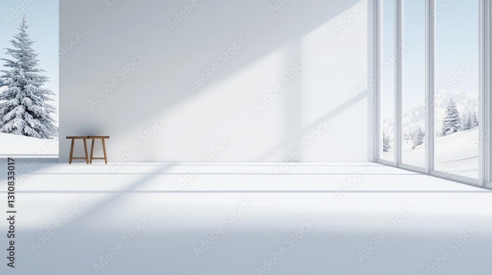 Poster minimalistic empty room with large windows and snow-covered view, creating a serene winter atmospher