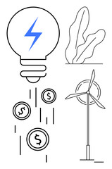 Light bulb with blue lightning, wind turbine, falling coins illustrating energy savings, and leaves for eco-friendliness. Ideal for efficiency, eco-future, sustainability, green tech, innovation