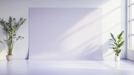 Minimalistic interior design with large white canvas and indoor plants in sunlight-filled room.