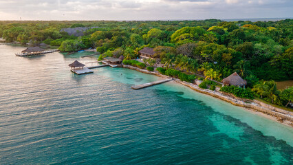 Aerial View of the Beautiful Rosario Islands, Cartagena, Colombia with Lush Greenery and Crystal Clear Waters