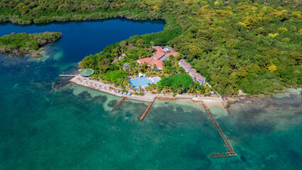 Aerial View of Stunning Resort in Rosario Islands, Cartagena, Colombia Surrounded by Lush Greenery and Turquoise Waters