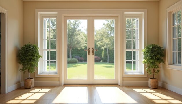 Double french patio doors lead to sunny backyard garden. House interior with natural light, wooden floor and evergreen plants decor. Comfortable exit to green grass lawn terrace.