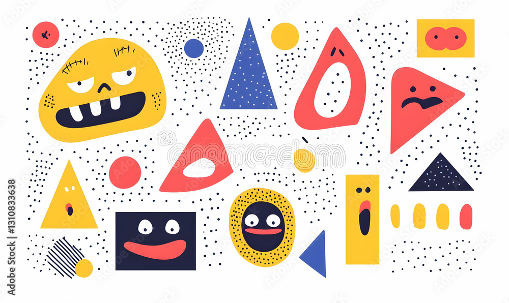Poster abstract colorful shapes with faces and dots on white background