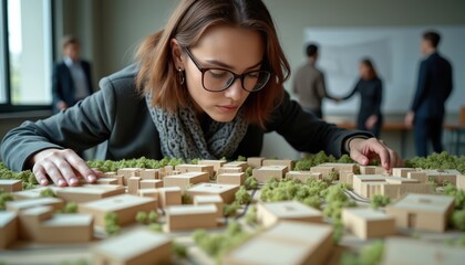 Focused female architect examines detailed city model. Woman with glasses works on urban planning, design new buildings, construction, engineering. Landscape, map on scale. Project, creative