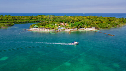 Aerial View of Rosario Islands in Cartagena, Bolivar Colombia with Clear Waters and Lush Greenery